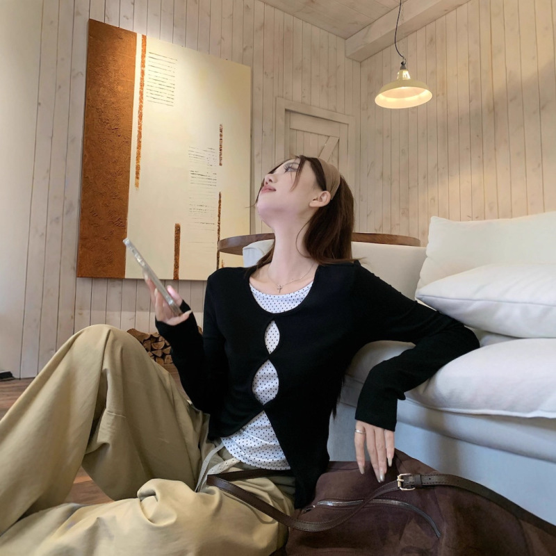 韩系设计感镂空假两件T恤女2025秋季新款修身显瘦波点长袖上衣潮|undefined