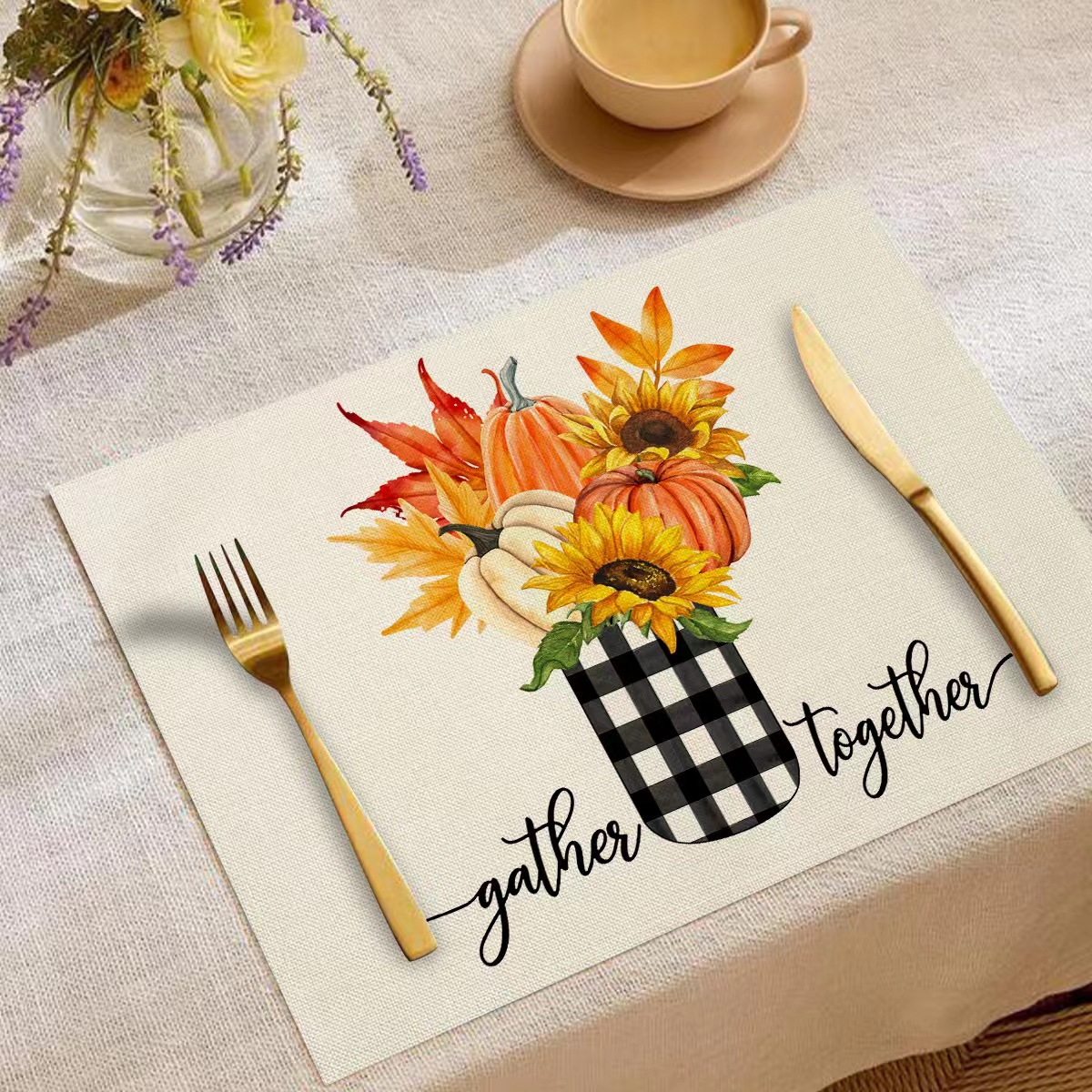 Transfronterizo temu explosión Día de Acción de Gracias otoño calabaza lino estampado conjunto lino estampado mesa de restaurante