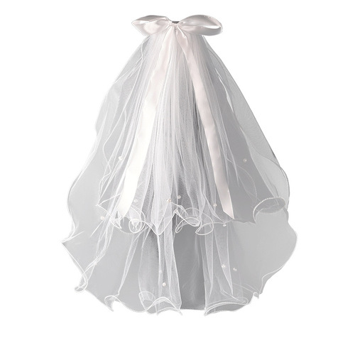 Bridal veil double-layered bow ceremonial curling nail pearl veil children's photo ribbon veil party event