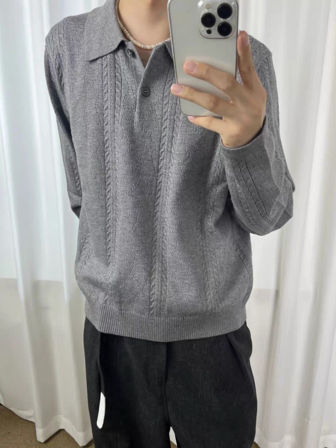 Camiseta de polo retro jacquard gris de punto de trigo hombre otoño viejo estilo de dinero con camiseta de manga larga de marca de moda