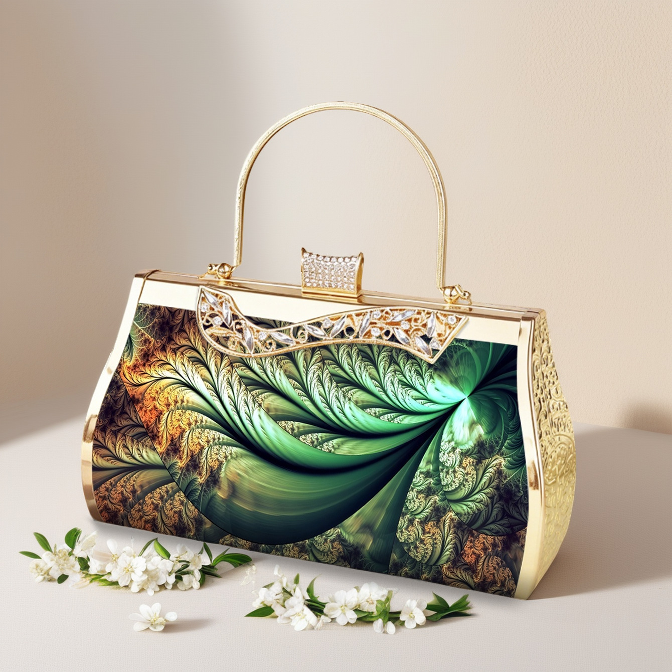 Elegante Abendtasche In Smaragdgrün Mit Blumenmuster Und Gold_voghion.com