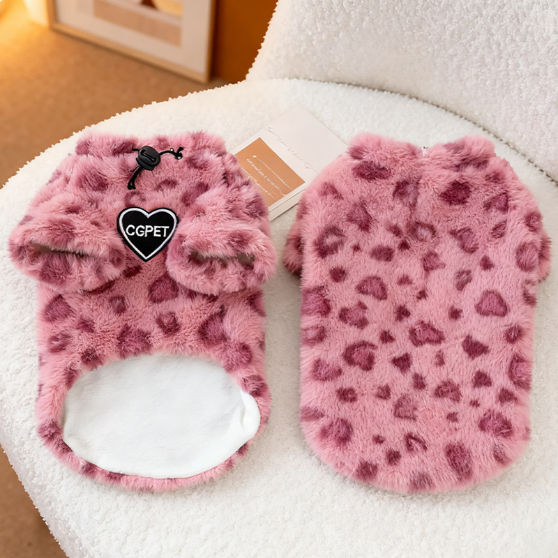 Super Cute Cat Clothes for Winter, Warm and Cold-Resistant, Furry Leopard Print, Fleece-Lined and Thickened, Small Dog Pet Fleece Jacket