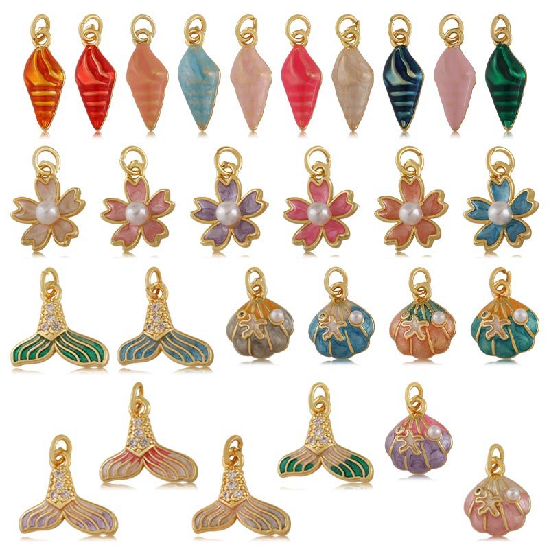 Lu District Cartoon Conch Shell Starfish Set DIY Copper Plated Oil Dripping Jewelry Accessories Cross-Border Keychain Pendant