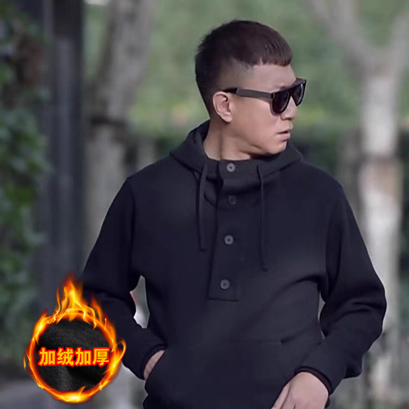 Celebrity style autumn and winter men's Korean-style sweater fleece-lined thickened hooded turtleneck pullover Sports plus size coat fashion