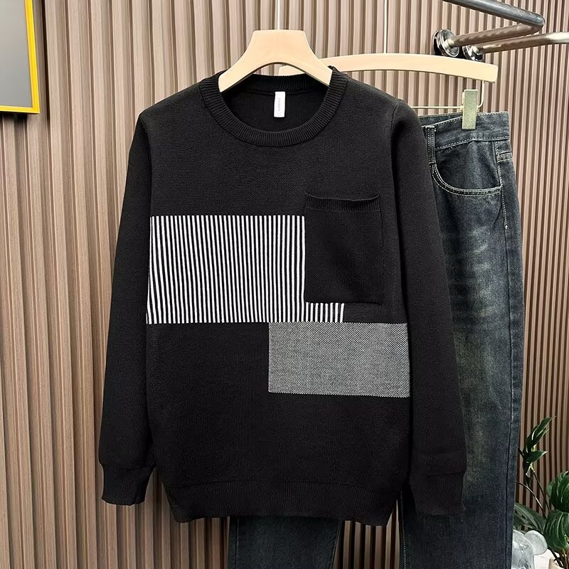 Herren Strickpullover Mit Blockstreifen Und Rundhalsausschnitt_voghion.com