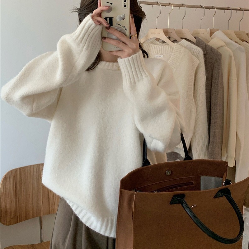 Gentle Style Japanese Style Loose Crewneck Pullover Sweater Women's Autumn and Winter Thickened Lazy Style Solid Color All-match Outer Wear Knitted Sweater