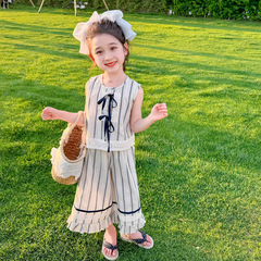 Children's Summer Topless Set 2024 New Baby V-Neck Wide Leg Pants Two-Piece Set Thin Baby Fashion Clothing