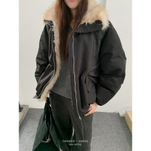 易恩欧inbyin座山雕毛领拼接派克羽绒服女巴恩风保暖棉衣冬季外套