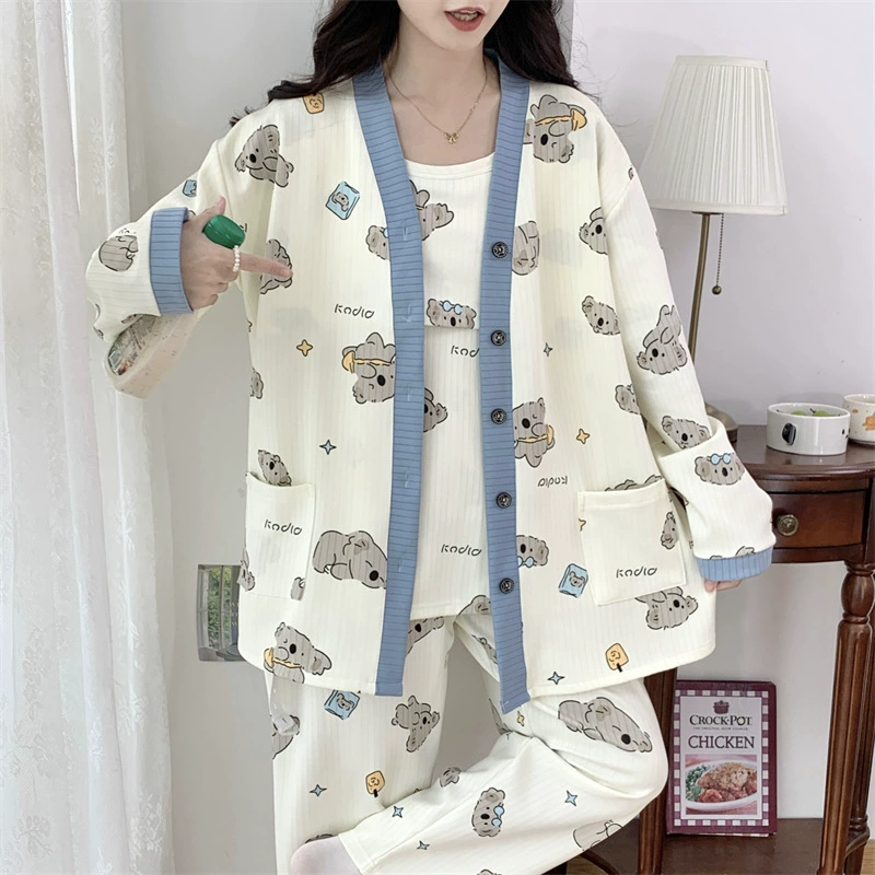 Комплект послеродовой одежды из трех предметов из воздушного хлопка, осенне-зимний стиль, для периода послеродового восстановления, пижама для беременных, одежда для сна для кормящих мам, одежда для беременных больших размеров.