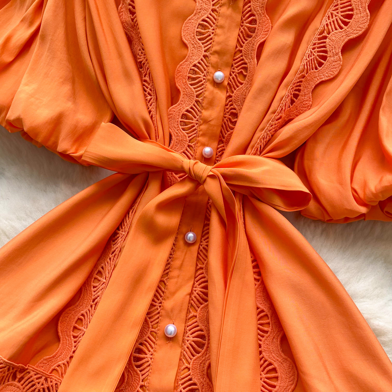 Women's Clothing Retro Palace Fashionable Lace Splicing Tie Waist Dress Lantern Sleeve Slim Temperament A Line Skirt_ecoleips.com