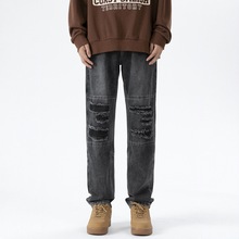 牛仔裤美式高街破烂直筒牛仔裤男秋季ins新款高腰显瘦设计感裤潮