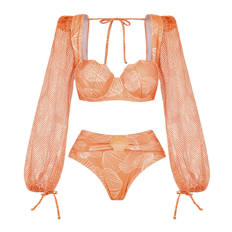 Women's V Neck Mesh Long Sleeve Swimsuit Glossy One Piece Swimwear_voghion.com