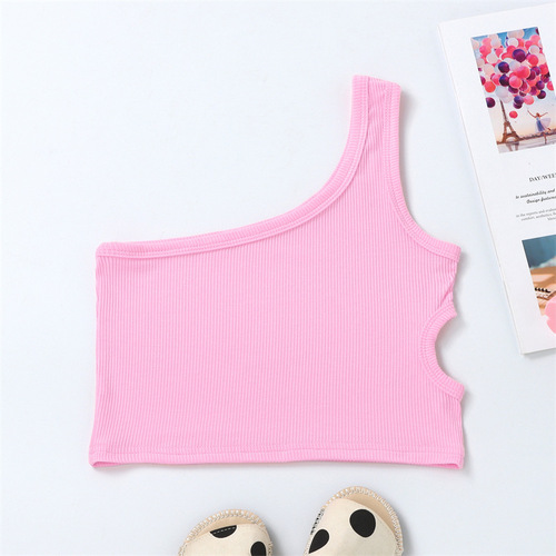 New children's tank top for summer, one-shoulder design with side waist opening, girls' strap top, European and American fashion trend, factory direct.