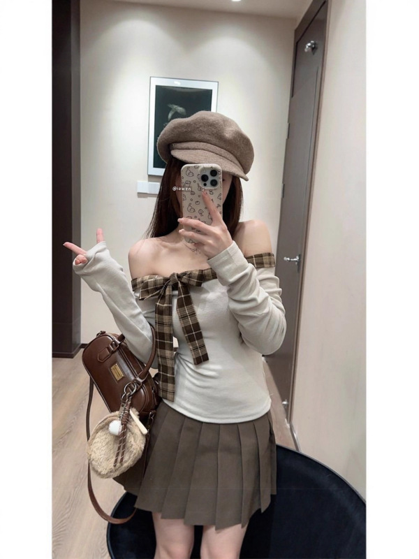 【工厂现货】螺纹德绒甜辣妹格纹拼接一字肩T恤女减龄蝴蝶结上衣|undefined