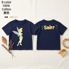 跨境欧美潮牌童T恤小天使saint印花圆领纯棉短袖宝宝休闲童装上衣