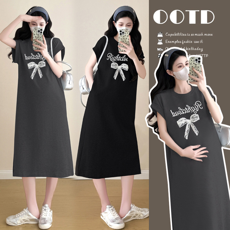 Maternity 2025 Summer New Korean-style Letter Printed Short-sleeved T-shirt Skirt Hems Split Pregnant Women's dress Maternity 2025 Summer New Korean-style Letter Printed Short-sleeved T-shirt Skirt Hems Split Pregnant Women's dress