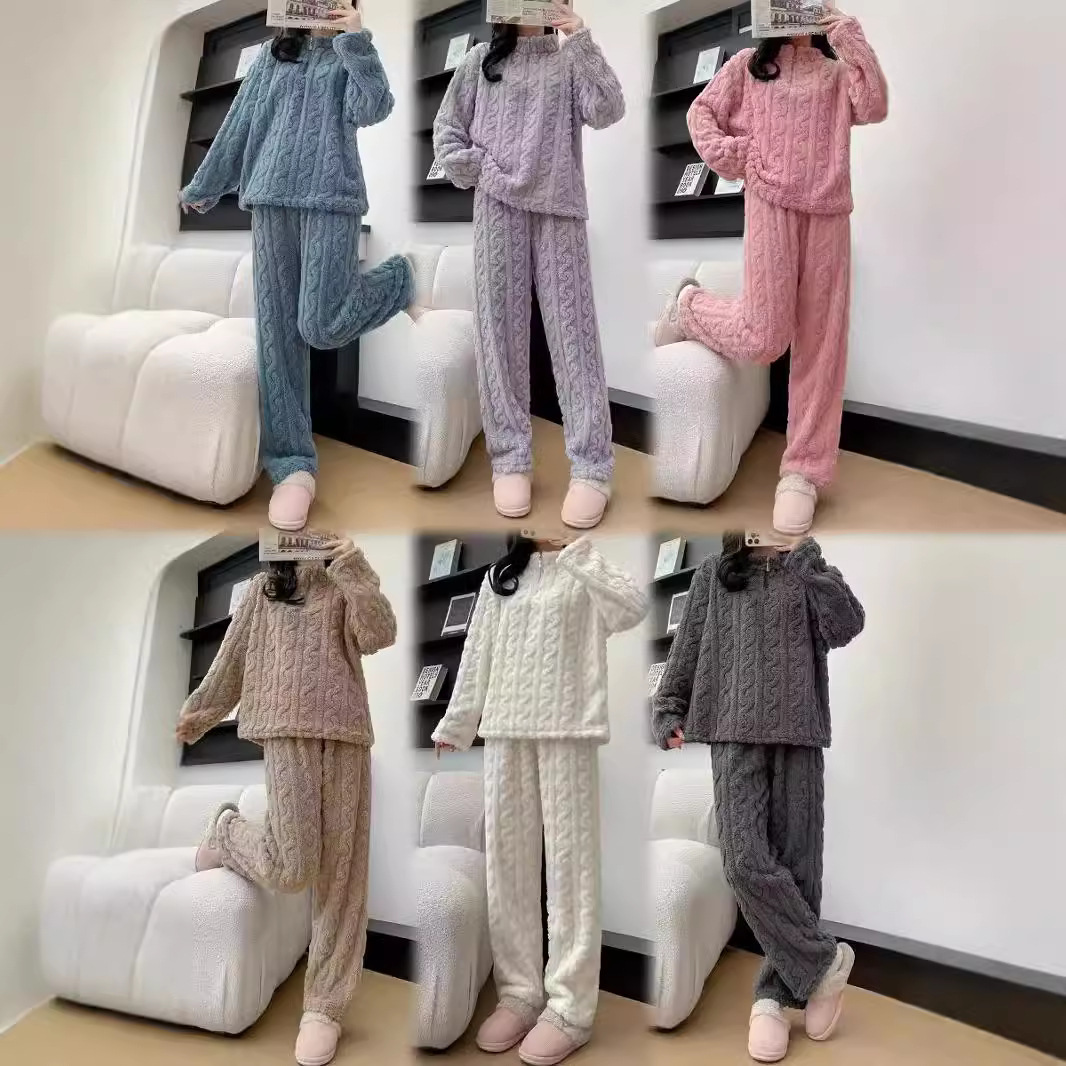 冬款提花拉链珊瑚绒家居服套装加绒加厚外穿拉链半开衫女保暖睡衣