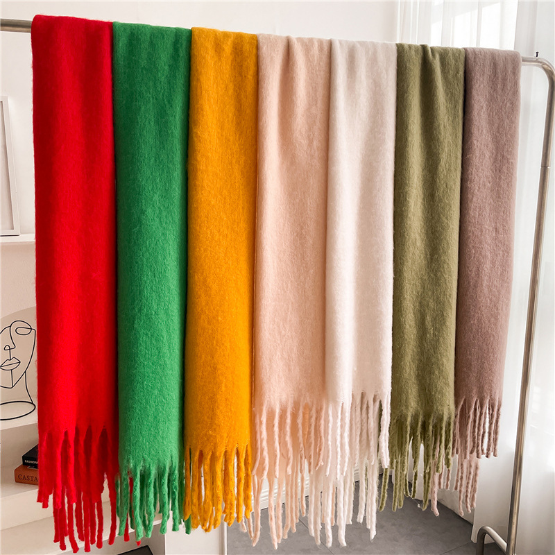 Mohair Scarf Pure Color All-matching Winter Warm Lengthened Fringe Bib Scarf Men's And Women's European And American Export Thick Scarf display picture 1
