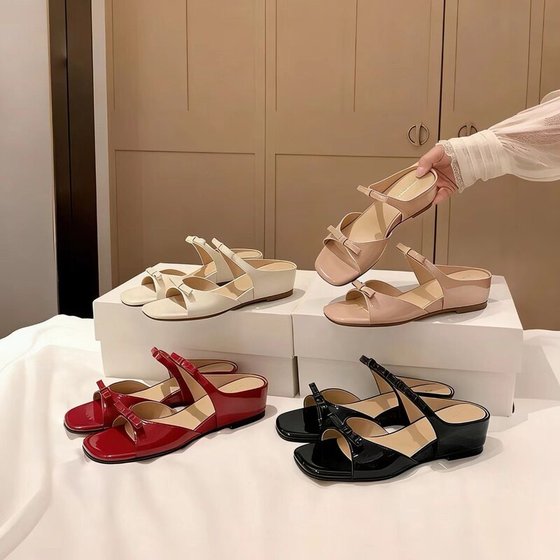 Sweet Dream Girl Slippers~4.5Cm Hidden Heel Square-Toe Wedge Genuine Leather Bowknot Slippers for Women with Thick Sole and Single Strap