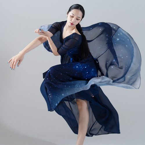  Summer Starry Sky Gradient Chiffon Dance Suit for Women Starry Blue Large Skirt Elegant Modern Dance Suit