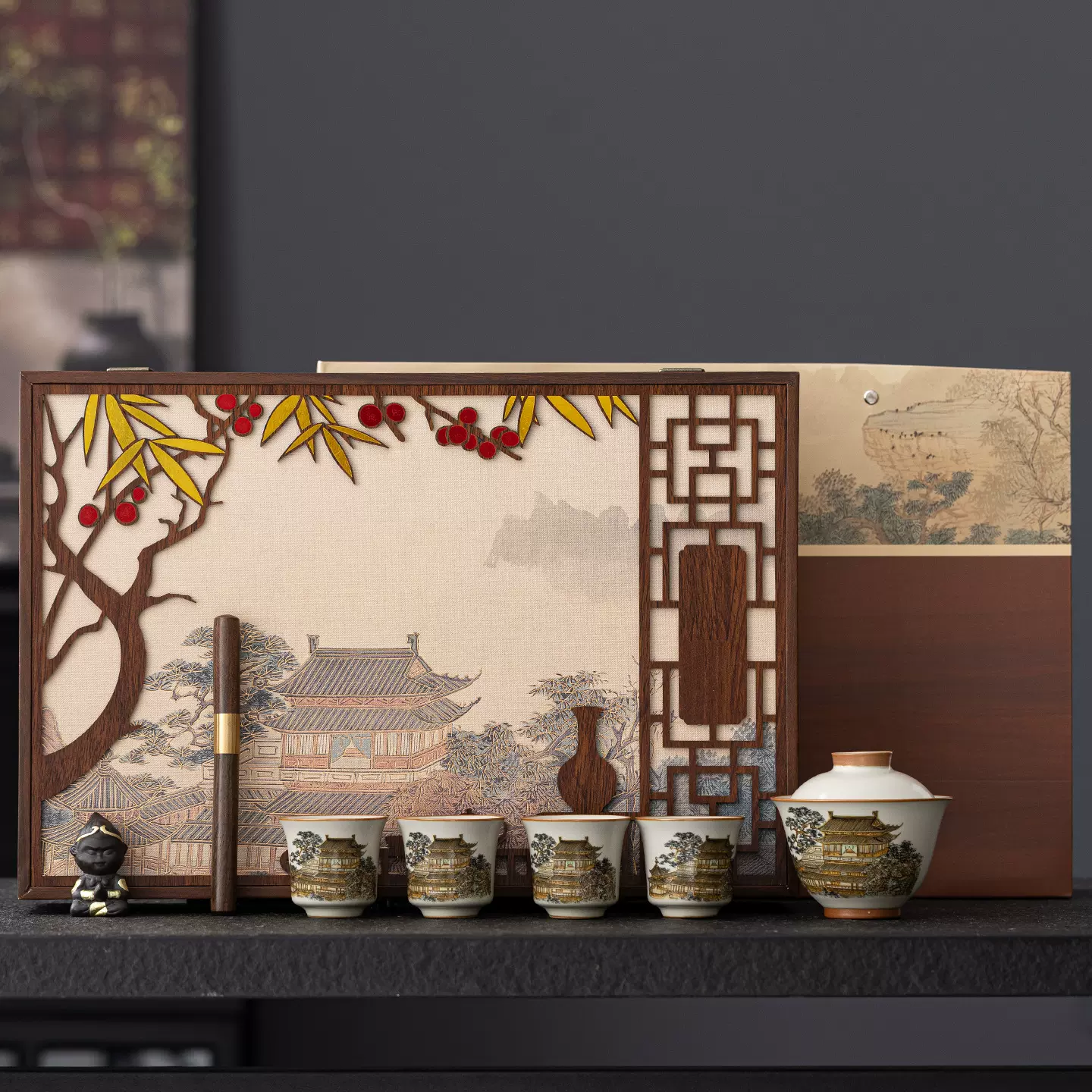 高档复古茶饼礼盒装空盒普洱茶白茶通用357克包装盒带茶具伴礼品