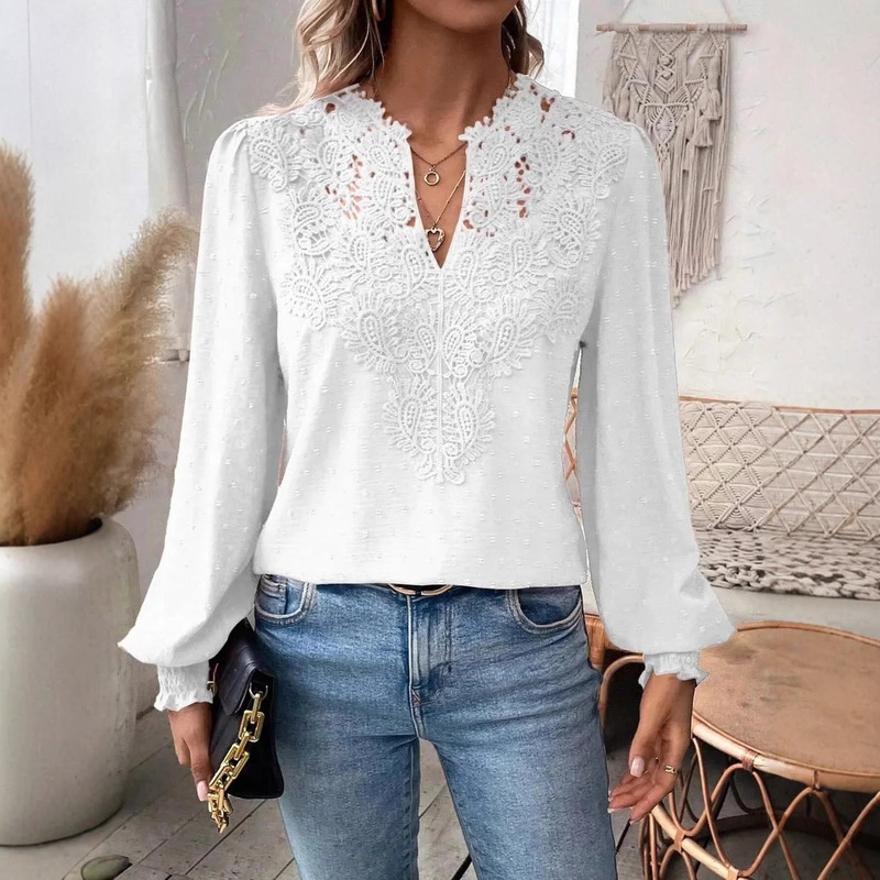 2024 European and American Amazon Cross-Border Autumn and Winter New Fashion V Neck Lace Pure Color Long-Sleeved Casual t Women's Tops