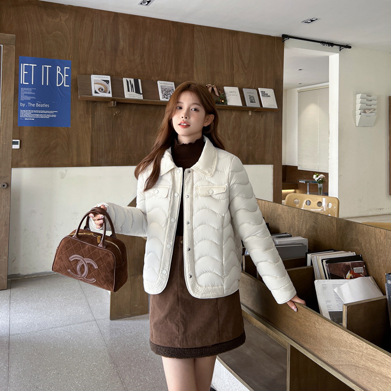 2024年新品翻领压纹羽绒棉服女短款时尚减龄小香风轻薄棉衣女棉袄|undefined