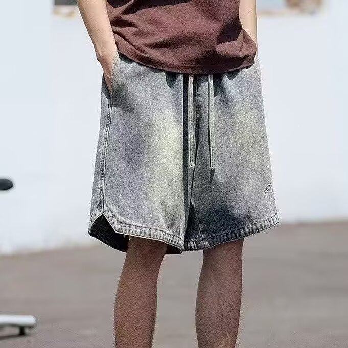 Men's Clothing Men's Retro Washed Denim Shorts Casual Loose Fit Five Point Breathable Summer Embroidered High Street Trendy Pants_viptrois.com