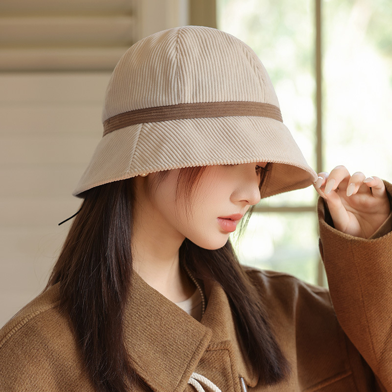 女性用の秋冬のファッショナブルな帽子、カジュアルで多用途なコーデュロイフィッシャーマンハット、レトロな暖かい盆地帽子、大きな頭囲、顔が小さく見える|undefined