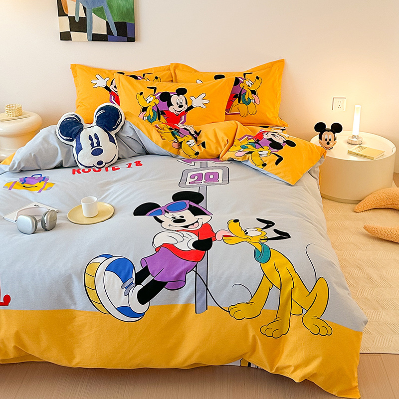 Todo el algodón grueso molienda Mickey otoño invierno impresión de cuatro piezas de dibujos animados para niños sábanas de algodón cubierta de tres piezas