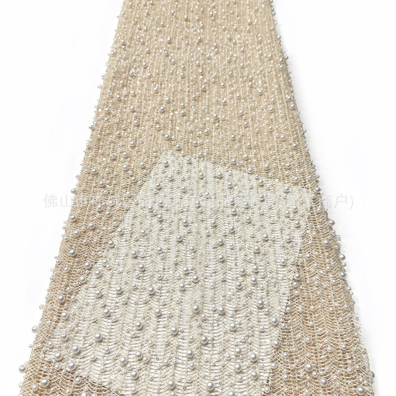 Tejido de malla de perlas hechas a mano de alto grado ondulado vertical tridimensional bordado de perlas vestido de boda tela de diseño