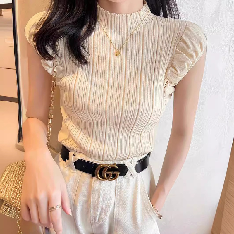 Spring and Autumn New Style French-Style Elegant Slim-Fit Wool Knitwear Thin Blouse Women's Slimming Short-Sleeve Top