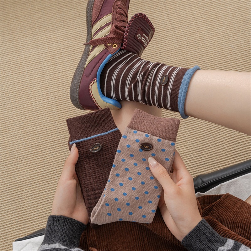 European Retro Polka Dot Striped Button Socks for Women, Internet Celebrity Melad Coffee Color Series, Contrasting Mid-Calf Socks, Slouch Socks European Retro Polka Dot Striped Button Socks for Women, Internet Celebrity Melad Coffee Color Series, Contrasting Mid-Calf Socks, Slouch Socks