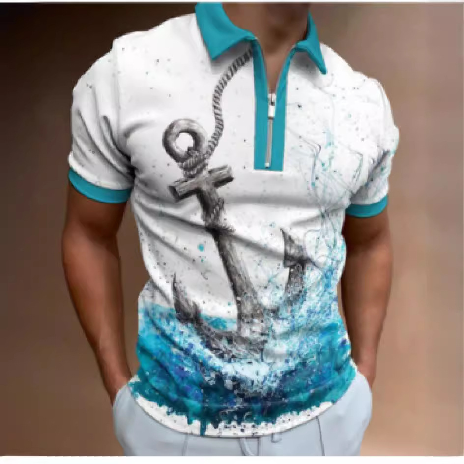 Camiseta Polo de Manga Corta con Cierre y Estampado 3D Informal para Hombre, Nueva Colección de Primavera para Exportación