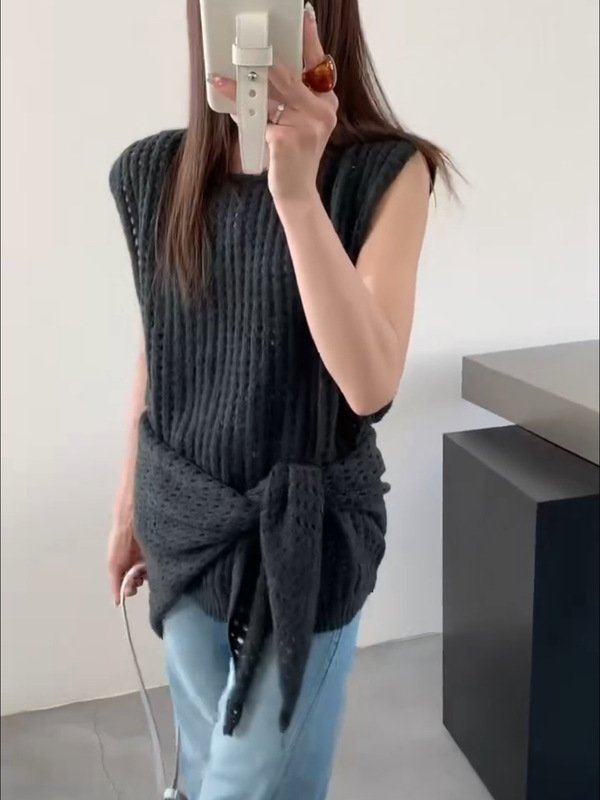 大码女装针织衫马甲2025早秋新款设计感镂空宽松圆领背心披肩套装|undefined