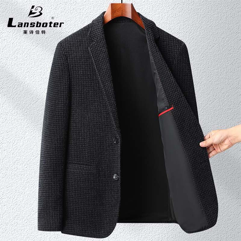 Áo vest nam dáng ôm họa tiết chữ nhật nhỏ, vải co giãn dày, không cần ủi, tay dài — Ca rô Houndstooth xám nhạt, Ca rô Houndstooth Đen Xám