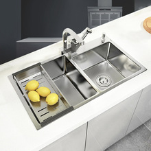 家用商用银色不锈钢水槽加厚双槽 厨房洗菜洗碗台上台下双槽套装