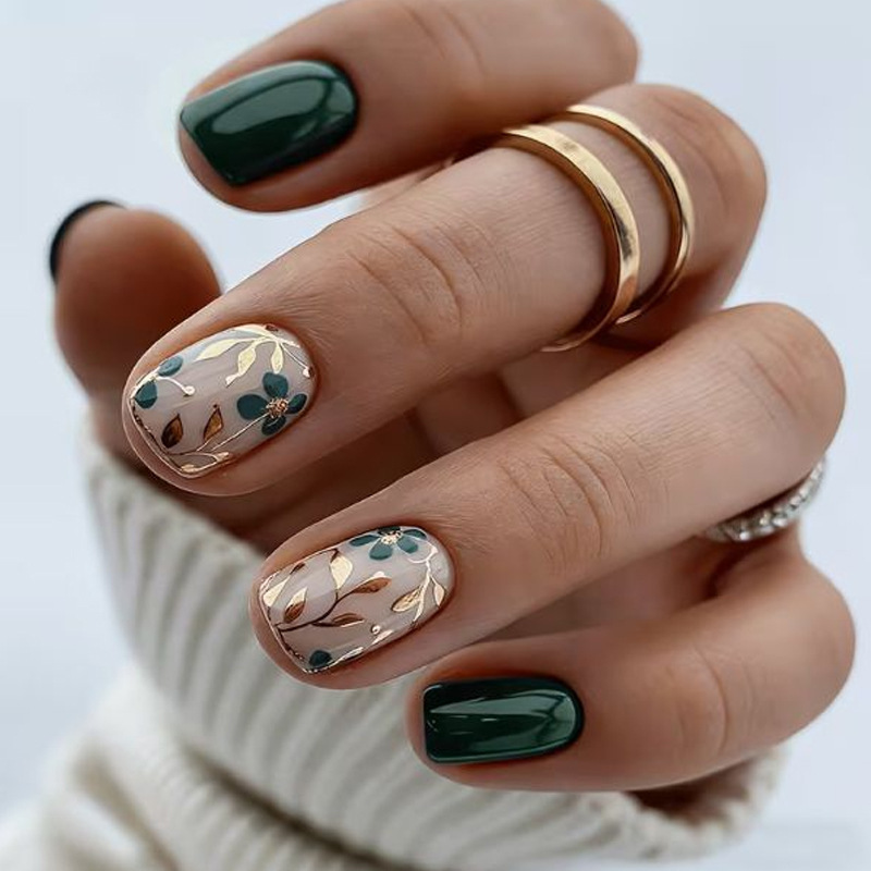 New foreign trade hot-selling 24-piece nail set with simple and fresh flower and leaf design, short square press-on nails wholesale