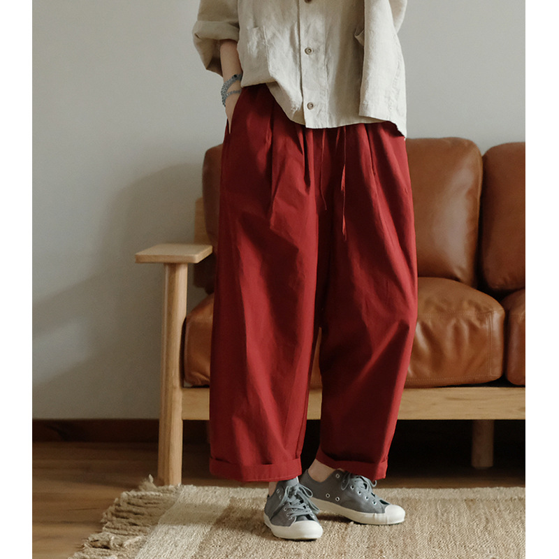 New Artistic Retro Loose Casual Red Staggy Waist Wide Leg Pants Women's Pen-writing and Details