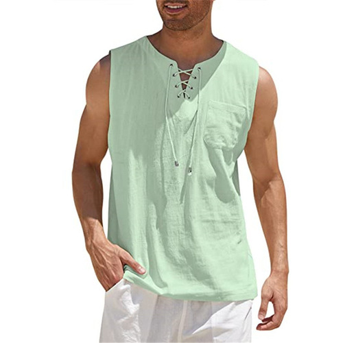 2025 Amazon Independent Store Summer Best-Selling New Men's Cotton-Linen Solid Color Fashion Sleeveless Strap Casual Shirt