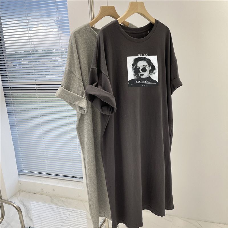 Summer Loose-Fitting Slimming High-End Lace Patchwork Casual Dress for Women, Mid-Length Over-The-Knee T-Shirt Sweatshirt Long Dress