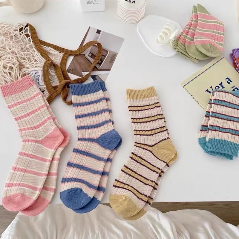 Ins Trend Candy Color Striped Socks for Girls, Japanese School Style, Versatile Solid Color Striped Socks, Couple Socks