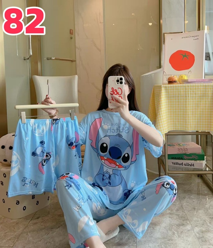 睡衣女夏季新款卡通三件套可爱简约休闲圆领家居服套装可外穿|undefined
