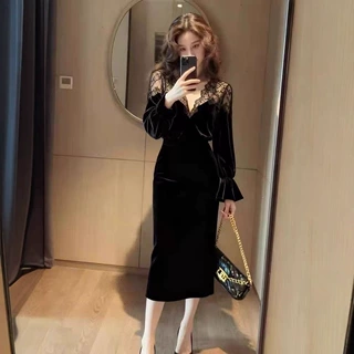 新款法式裙子秋冬款宴会生日礼服裙气场强大轻奢黑色丝绒连衣裙女