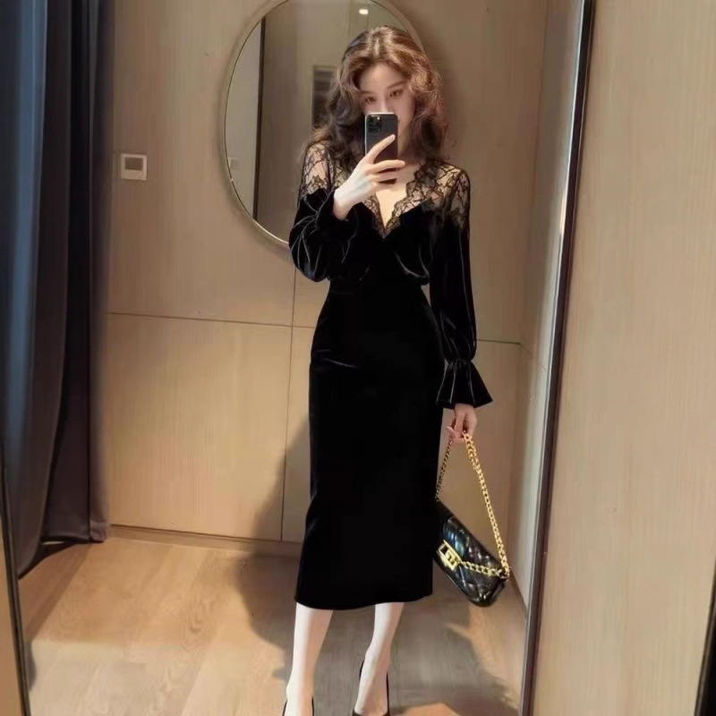 New French Skirt Autumn and Winter Banquet Birthday Dress Skirt with Powerful Aura and Accessible Luxury Black Velvet Dress for Women