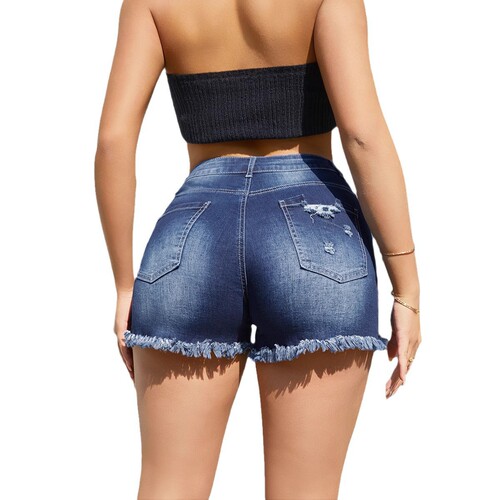European and American elastic denim shorts, women's new fashion tassel, broken holes, washed and worn jeans