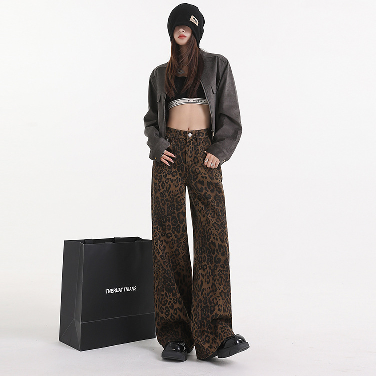 MING HAI 미국 스타일 빈티지 스파이스 소녀 레오파드 무늬 느슨한 넓은 다리 바지 틈새 캐주얼 와이드 다리 스트레이트 청바지 여성