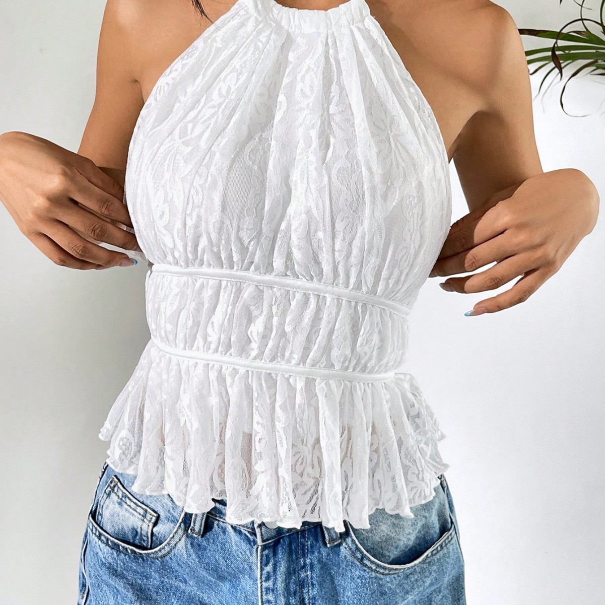 Women's Sweet Spicy Chiffon Top Round Neck Pleated Halter Backless Tie Design Solid Color Spring/Summer Tank Camis_ecoleips.com