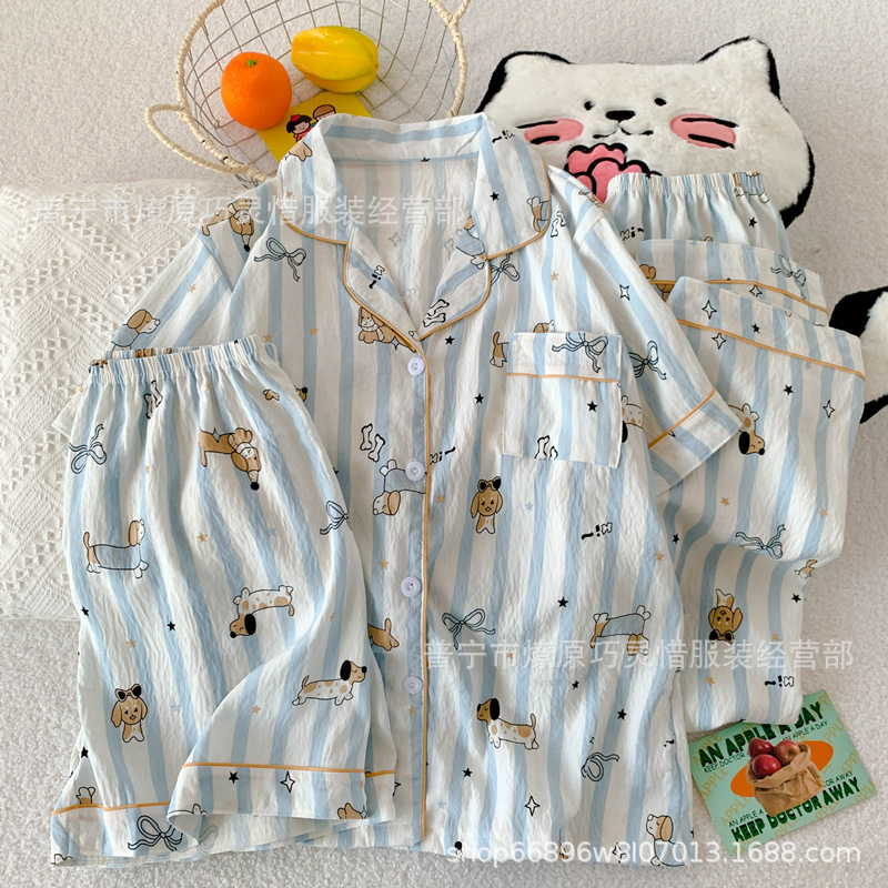 Pajamas de tres piezas de torta de oso para mujeres de verano, pantalones de manga corta, nubes de algodón adorable, viento en 2025 nueva ropa para el hogar