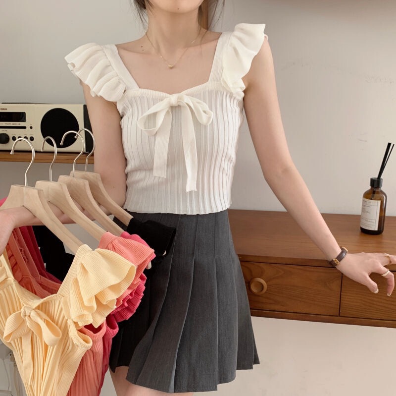 Fashionable Korean style new fairy slim-fit slimming knitted bottoming shirt female students all-match ruffled round neck short-sleeved T